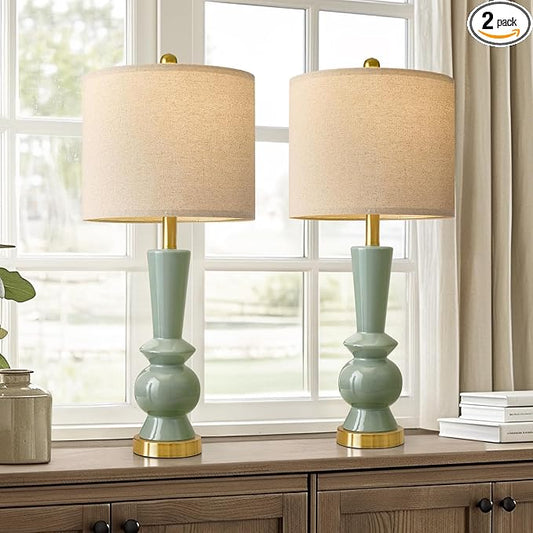 PORTRES 27" Modern Ceramic Table Lamp Set of 2 for Living Room Green & Gold Bedside Lamps for Bedroom Nightstand Lamp Tall End Table Lamps - Bloomnest