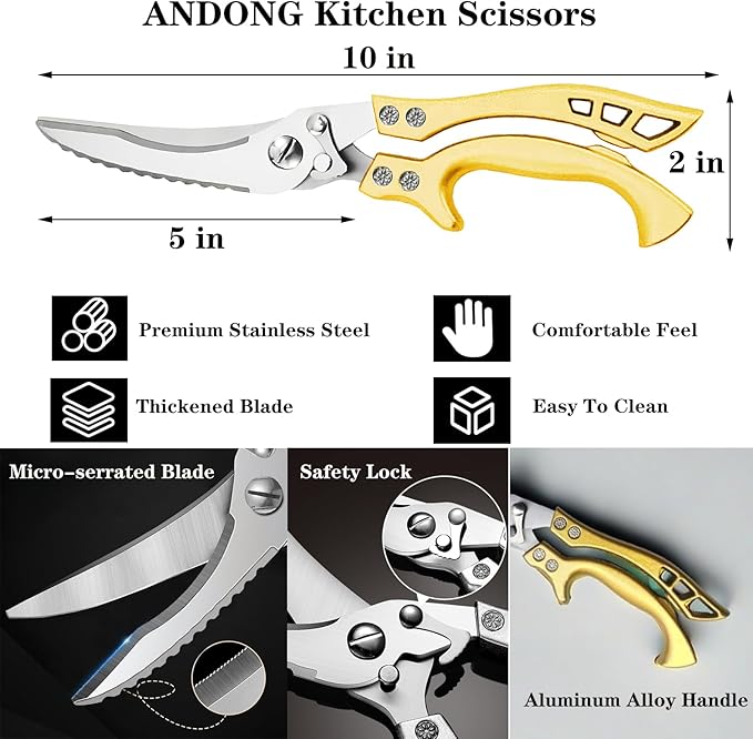 ANDONG Heavy Duty Kitchen Poultry Shears with Serrated Edge, Spring Loaded Kitchen Scissors, Professional Chicken Shears, Gold - Bloomnest
