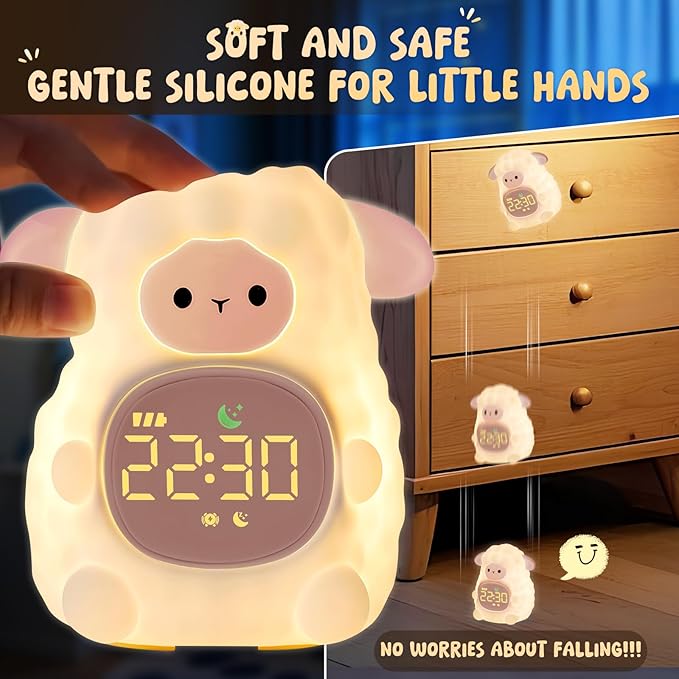 Sheep Alarm Clock with Night Light for Kids with Sleep Training and Sound Machine, Rechargeable Silicone Lamp OK to Wake Clock，Cute Animal Tabletop Lamp, Perfect Sleep Companion for Boys Girls, Pink - Bloomnest