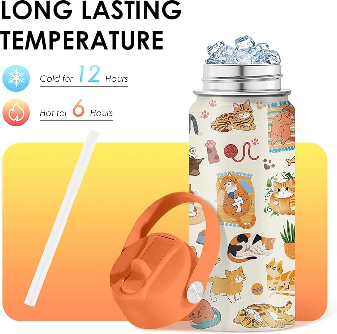 Cat Gifts for Kids - 16 Oz Orange Cat Water Bottle with Straw Lid, Stainless Steel Insulated Tumbler, Leak Proof, for Boys & Girls, School, Travel - Funny Cats Lovers Children Birthday Gifts Cups(1pc) - Bloomnest