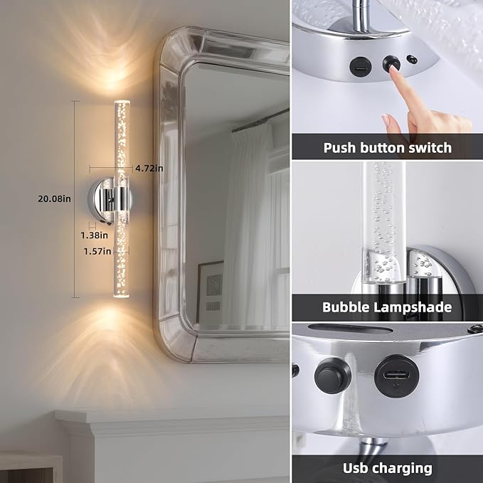 Silver Wall Light LED Battery Operated Wall Sconces(2 Pack), 20-Inch Dimmable Crystal Wall Sconce, Rechargeable Chrome Bubble Wall Lights, Wireless Wall Lamp for Bedroom, Living Room - Bloomnest