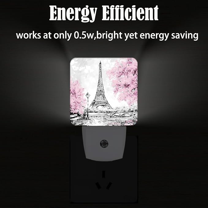 Cherry Blossoms and Eiffel Tower Night Light,Plug Into Wall Decor for Stairway,Hallway,Kitchen,Dusk to Dawn Sensor Nightlights for Boys/Girls/Women/Men Room Gifts - Bloomnest