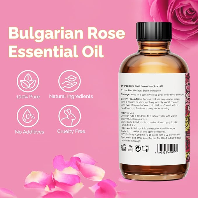 Rose Essential Oil 4 Oz, 100% Pure Natural Rose Oil for Diffuser, Skin, Hair, Body, Face Care, Perfume DIY - Bloomnest