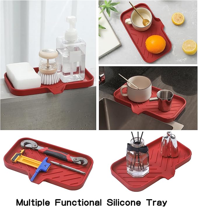 Silicone Bathroom Soap Dishes with Drain Spout-Bathroom and Kitchen Sink Organizer,Sponge Holder,Dish Soap Tray,Perfect for Dispenser,Scrubber,Bottle,Cup on Sink or Counter-Red 9.6"×5.3" - Bloomnest
