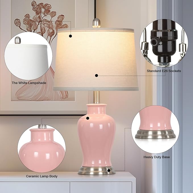 23" Ceramic Table Lamps Set of 2, Modern Ceramic Lamps for Living Room, Cute Bedside Lamps with Ginger Jar Design, Elegant Bedroom Lamps for Nightstand Dining Room Desk Side End Table Home Decor, Pink - Bloomnest