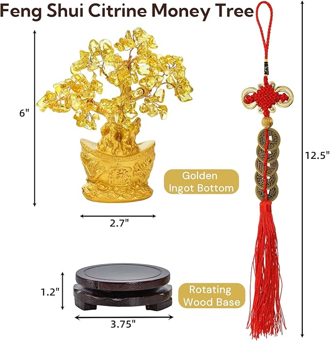 9 Piece Citrine Money Tree, 7" Small Yellow Crystal Bonsai with Yuanbao Pot & Coins, Chinese Style Lucky Money Plant Decor with Red Tassels & Wood Base for Wealth, Prosperity, Home Office Desk - Bloomnest