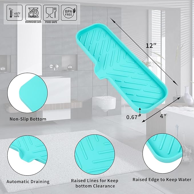 Silicone Bathroom Soap Dishes with Drain Spout-Bathroom and Kitchen Sink Organizer,Sponge Holder,Dish Soap Tray,Perfect for Dispenser,Scrubber,Bottle,Cup on Sink or Counter-Mint 12"×4" - Bloomnest