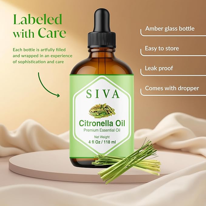 Siva Citronella Essential Oil - 4 Fl Oz – 100% Natural Citronella Oil - for Diffuser, Face, Skin Care, Aromatherapy, Hair Care, Scalp and Body Massage - with Dropper - Bloomnest