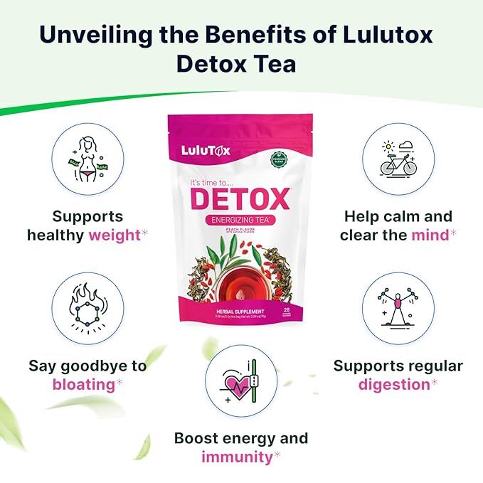 LULUTOX Detox Tea - Slimming Tea with Dandelion and Ginseng to Support Goals for Detox Cleanse, Flat Belly, Bloating, Healthy Weight and Digestive Health - Women & Men - Peach Flavor (28 Servings) - Bloomnest