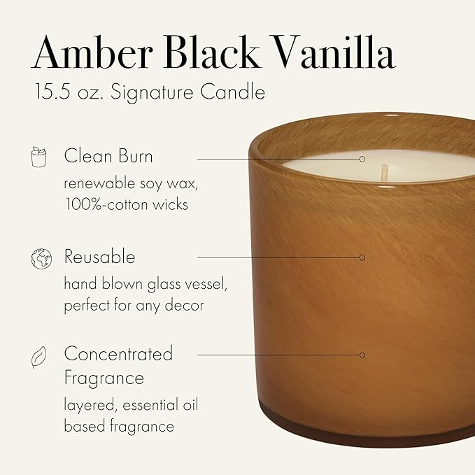 LAFCO New York Signature Candle, Amber Black Vanilla - 15.5 oz - 90-Hour Burn Time - Reusable, Hand Blown Glass Vessel - Made in The USA - Bloomnest