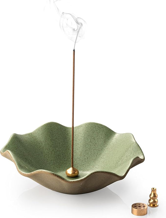 Incense Holder with 3 Incense Sockets 6 Inch Incense Burner 4 in 1 Insence-Stick Holder Lotus-Shaped Bowl Incense Holder for Sticks Modern Incense Cone Burner for Yoga, Green