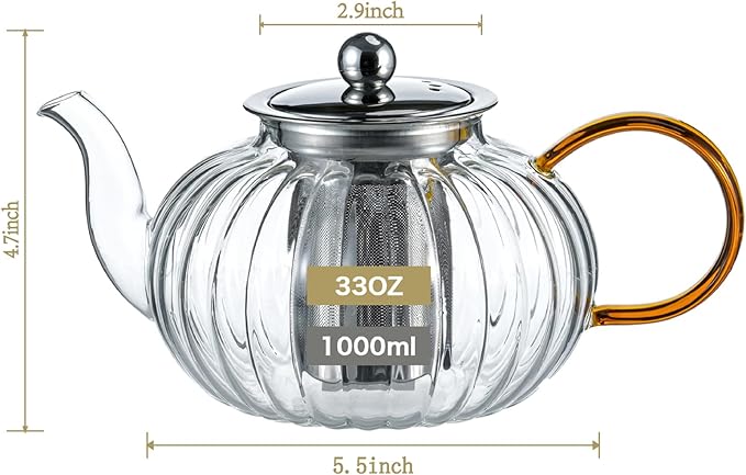 Glass Teapot 33.8oz/1000ml, Glass Tea Kettle with Removable Infuser, Pumpkin Shape Hand Blown Teapot for Blooming Flower Tea and Loose Leaf, Tea Lover's Choice - Bloomnest