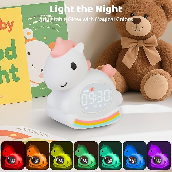 Alarm Clock with Night Light for Kids with Sleep Training and Sound Machine, Rechargeable Silicone Lamp OK to Wake Clock，Cute Animal Tabletop Lamp, Perfect Sleep Companion for Boys Girls,Pink Pony - Bloomnest