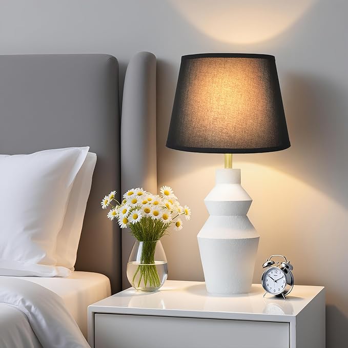 29.7" Modern Table Lamp, Single Farmhouse Rustic Bedside Lamp, White Cement lamp Base with Black Linen Shade, for Bedroom, Living Room Office Kids - Bloomnest