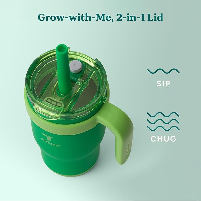 REDUCE 14 Oz Coldee Kids Tumbler with Lid and Straw - Coldee Insulated Travel Mug - Spill-Proof, Sweatproof Stainless Steel, BPA-Free - Includes Handle, Reusable Silicone Straw - Clover Green - Bloomnest