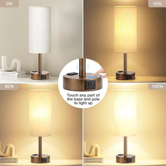 Brown Bedside Table Lamp for Bedroom - 3 Way Dimmable Touch Lamp USB C Charging Ports and AC Outlet, Small Lamp Round Flaxen Cream Fabric Shade for Living Room, Desk, LED Bulb Included - Bloomnest