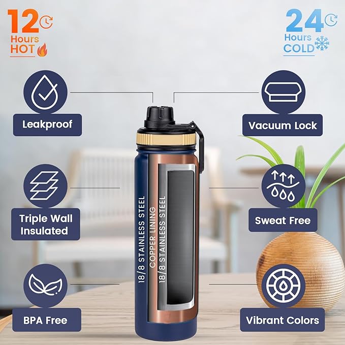 Lexlion Tea Infuser Water Bottle 22 Oz – Triple Wall Insulated Stainless Steel, Loose Leaf & Fruit Strainer, 3 Leakproof Lids, BPA-Free Silicone Sleeve, Reusable Thermal Mug - Bloomnest