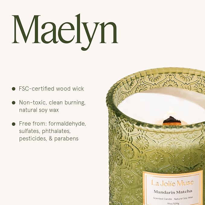 LA JOLIE MUSE Mandarin Matcha Candle - Bergamot, Matcha, Cedarwood | 19 oz Large Wooden Wick Candles | Natural Soy Wax | 90 Hours Clean Burn | Fresh Citrus Candle | Gift-Ready for Hosts - Bloomnest