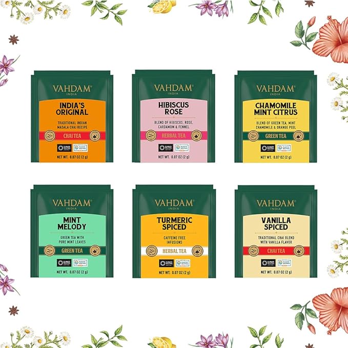VAHDAM Assorted Tea Gift Set (6 Variety, 30 tea Bags) | Ecofriendly Tea Bags | Christmas Tea Gifts for Women & Men - Bloomnest