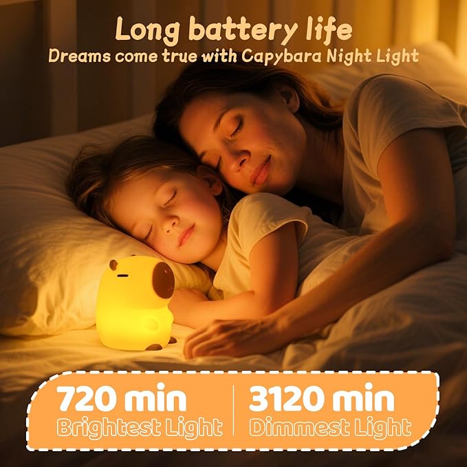 Capybara Night Light for Kids, Squishy Lamp, 1200mAh Long-Lasting Battery, Rechargeable Touch Control, Dimmable with 30-Min Timer, Capybara Gifts for Nursery Halloween Bedroom Decor - Bloomnest