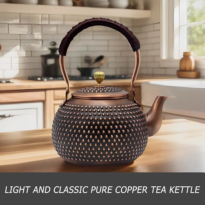 YJX 47.3oz Elegant Japanese Style Copper Tea Kettle For Stovetop Safe, Non-Coating Pure Copper Teapot with Stainless Steel Tea Ball For Loose Tea, Solid Tea Pot For 2-4 Cups (1400ml) - Bloomnest