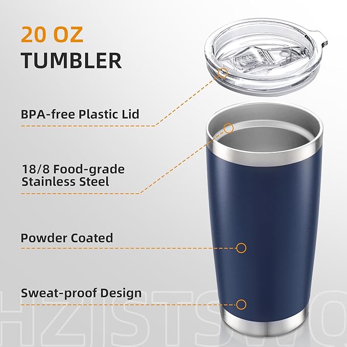 20 oz Tumbler Bulk with Lid Stainless Steel Insulated Tumblers Double Wall Vacuum Coffee Mug Powder Coated Tumbler Cups for Cold and Hot Drinks, Navy, 6 pack