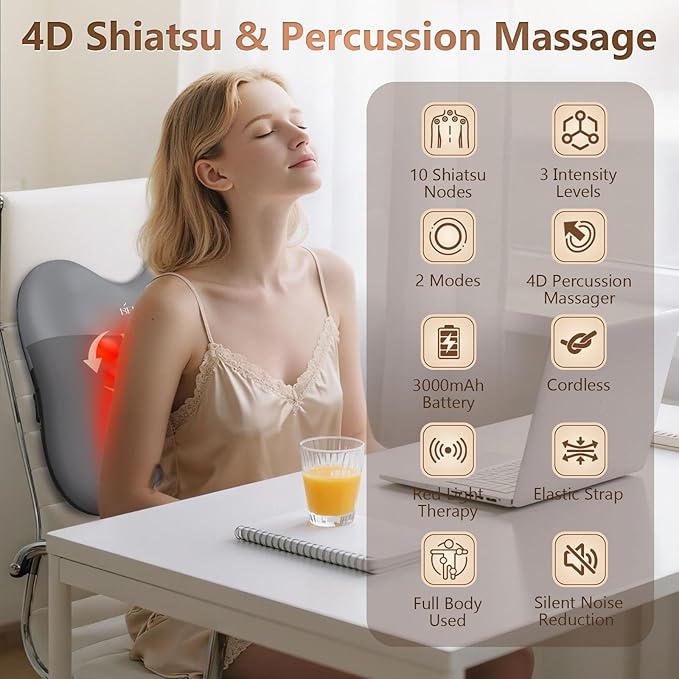 belhope Shiatsu Back Massager with Heat,Percussion Massage Cordless Back Massage for Pain Relief Deep Tissue.4D Kneading Massage,Gift for Men Women Parents Relaxation at Christmas Office Car,Grey