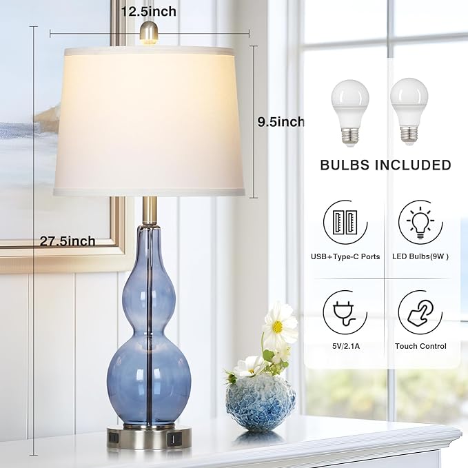 27.5" Coastal Blue Glass Double Gourd Table Lamp Set of 2,3-Way Dimmable Touch Control Bedside Lamps with USB Ports and AC Outlet, Nautical Nightstand Lamps for Bedroom Living Room - Bloomnest
