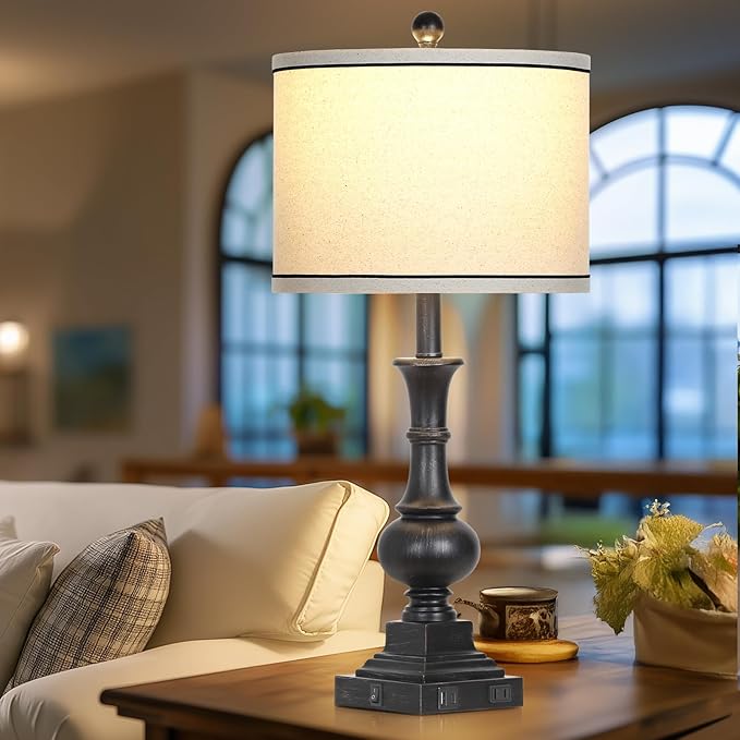 Farmhouse Table Lamps Set of 2, Vintage Bedside Lamps with USB A+C Charging Ports & AC Outlet, 26" Rustic Nightstand Lamp for Living Room Bedroom End Table Wash Black(2 LED Bulbs Included) - Bloomnest