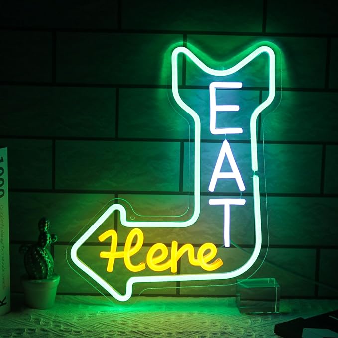 Eat Here Neon Sign Kitchen Neon Signs for Wall Decor with Arrow Guidance Green Orange White Eat Dimmable LED Sign Diner Neon Signs for Wall Bar Restaurant Kitchen Man Cave Decor - Bloomnest