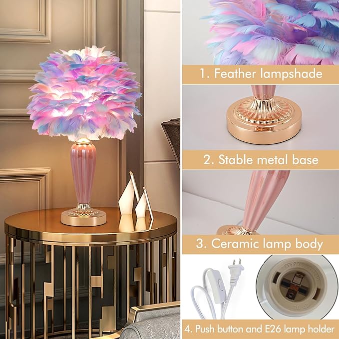 Colorful Feather Lamp Fluffy Table Lamp Furry Bedside Lamp Romantic Princess Lights Goose Feather Night Light for Bedroom Wedding Decor Valentines Dating Livingroom Hotel Office - Bloomnest