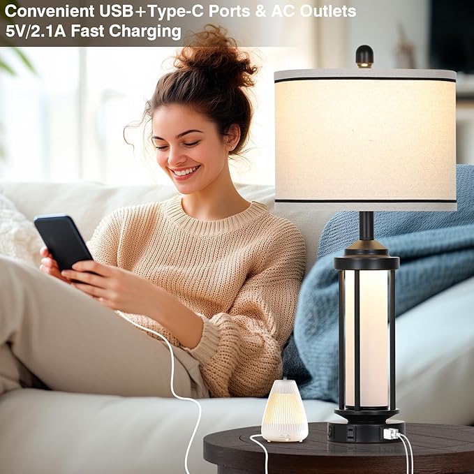 Table Lamps for Living Room Set of 2, Black Farmhouse Rustic Industrial Table Lamp with USB A+C Charging Ports & AC Outlet, 27" Modern Table Lamps with LED Night Light & Linen Fabric Lampshade - Bloomnest