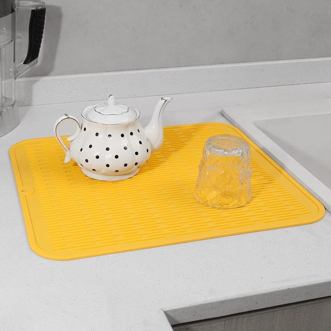 Silicone Dish Drying Mat for Multiple Usage,Easy clean,Eco-friendly,Heat-resistant Silicone Mat for Kitchen Counter or Sink,Refrigerator or Drawer Liner Yellow XL 18 inches x 16 inches - Bloomnest