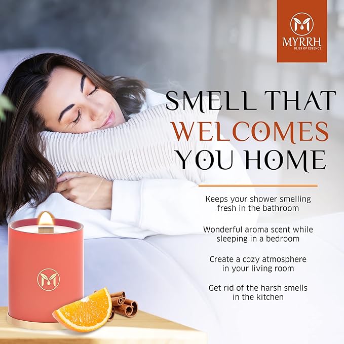 MyrrhUSA Orange Cinnamon Scented Candle – 15oz Natural Soy Wax with Crackling Wooden Wick & Essential Oil | 80 Hour Burn | Luxury Aromatherapy Candle for Relaxation, Home Décor, Living Room & Bathroom - Bloomnest
