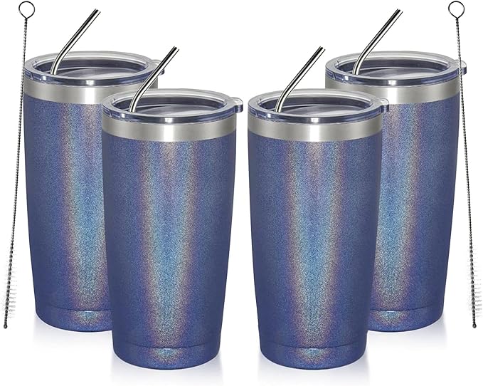 MEWAY 20oz Tumbler 4 Pack Double Wall Vacuum Insulated Travel Glitter Mug Bulk, Stainless Steel Tumblers with Lid and Straw, Powder Coated Coffee Cups for Woman(Rainbow Navy,Set of 4) - Bloomnest