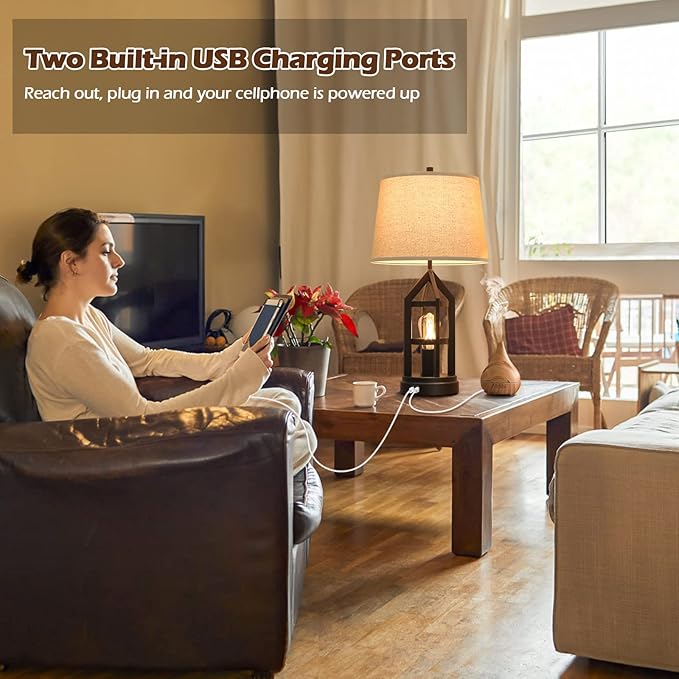 Farmhouse Table Lamps for Living Room Set of 2, 3-Way Dimmable Touch Control Bedside Lamps with 2 USB Charging Ports, Bedroom Reading Lamps for Nightstand, Rustic Home Decor, 4 LED Bulbs Included - Bloomnest