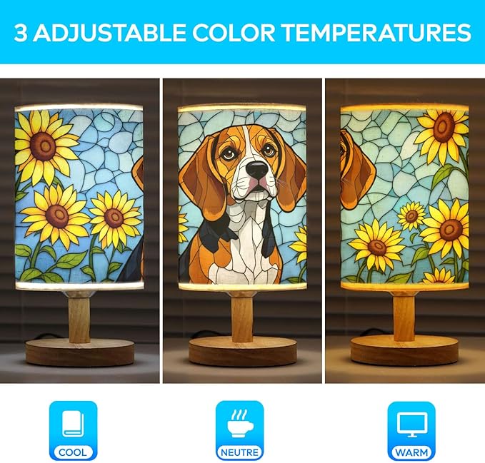 Beagle Table Lamp LED 3-Color Pressed Bedside, Dog Shade Lamp with Wood Base for Bedroom Living Room Desk Office - Bloomnest
