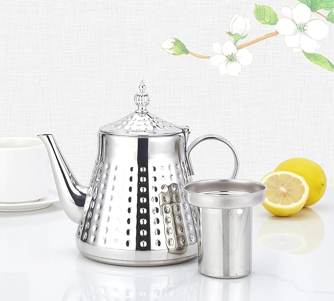 SANQIAHOME 1.2L(40oz) Stainless Steel Hammer Patterned Teapot With Removeable Infuser,Loose leaf cover,Silver - Bloomnest