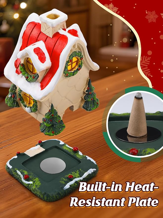 Christmas Log Cabin Incense Burner - Gift for Mom Wife Her Women, Christmas Village House Incense Holder with 2 Incense Cones for Home Decorations, Red - Bloomnest