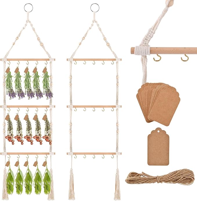3-Tier Hanging Herb Drying Rack, Includes 25 Gift Tags & 32ft Natural Jute Twine, Handwoven Hanging Herb Dryer Rack Plant Hanger for Drying Herbs, Flowers, Sage(COLOR:Beige) - Bloomnest