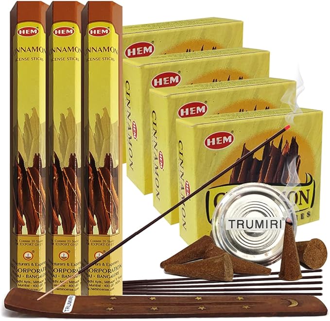 Cinnamon Incense Sticks and Cone Incense Holder Variety Pack Bundle insence insense insienso TRUMIRI