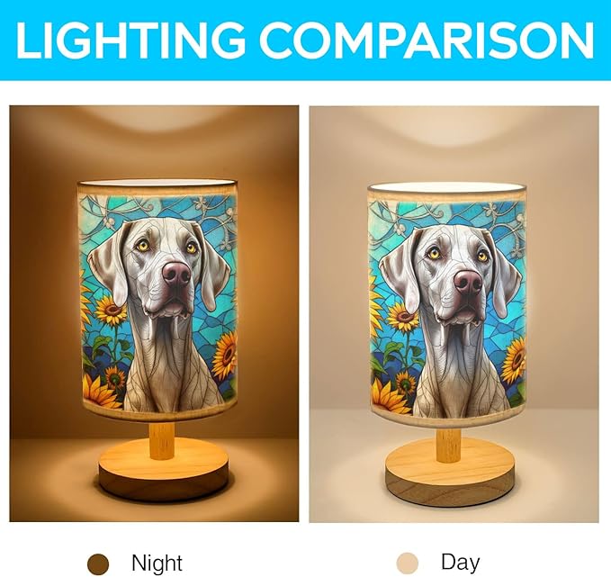 Weimaraner Table Lamp LED 3-Color Pressed Bedside, Dog Shade Lamp with Wood Base for Bedroom Living Room Desk Office - Bloomnest