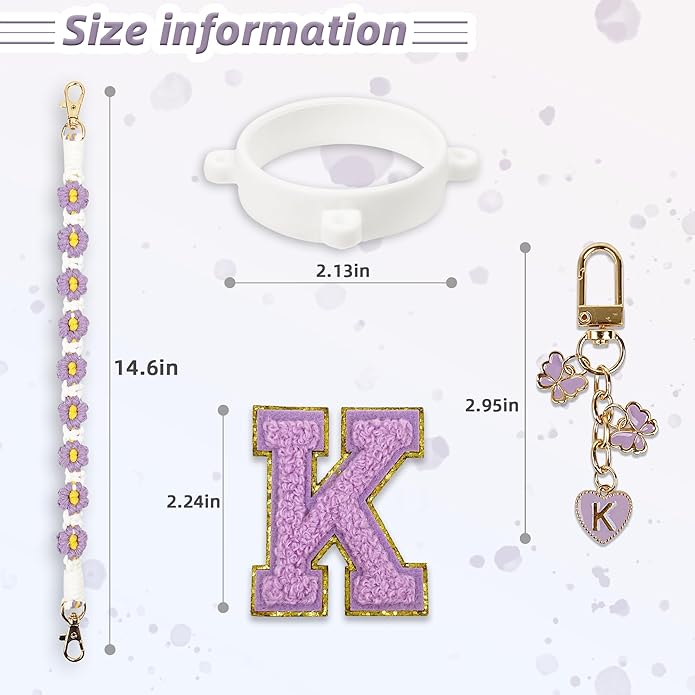 Compatible with Owala Water Bottle Accessories, Cute Letter Charm Set with Boho Handle Strap, Monogram Sticker, Silicone Ring, Keychain Decoration, for FreeSip 24 32 40oz, Owala Kids, Tumbler Gift SITKOL