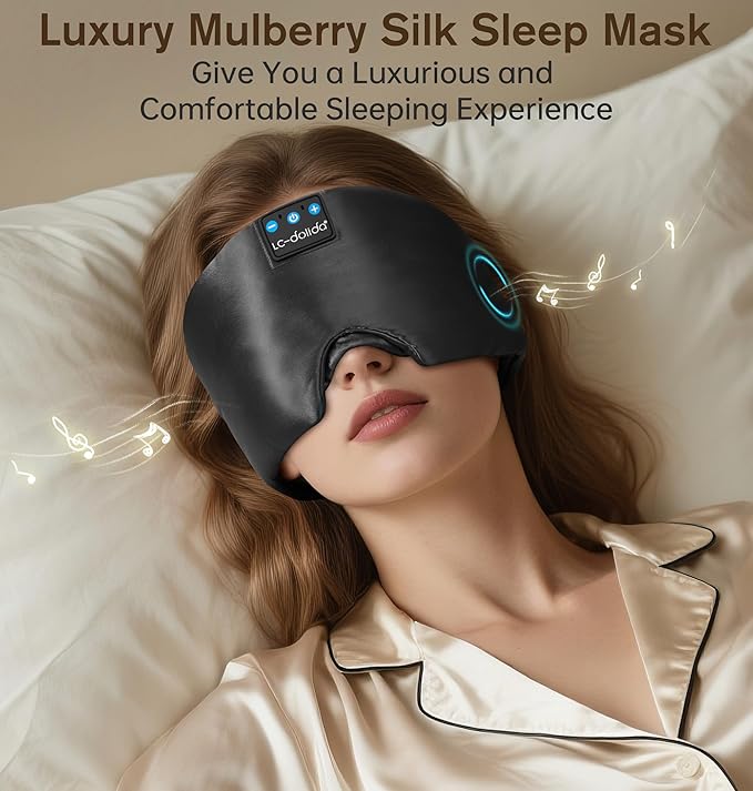 LC-dolida Luxurious Silk Soft Sleep Mask, Sleep Headphones with Bluetooth 5.4 for Side Sleeper, Total Blackout Eye Sleeping Mask for Women and Men, Ideal Gift for Restful Sleep, Travel(Black) - Bloomnest