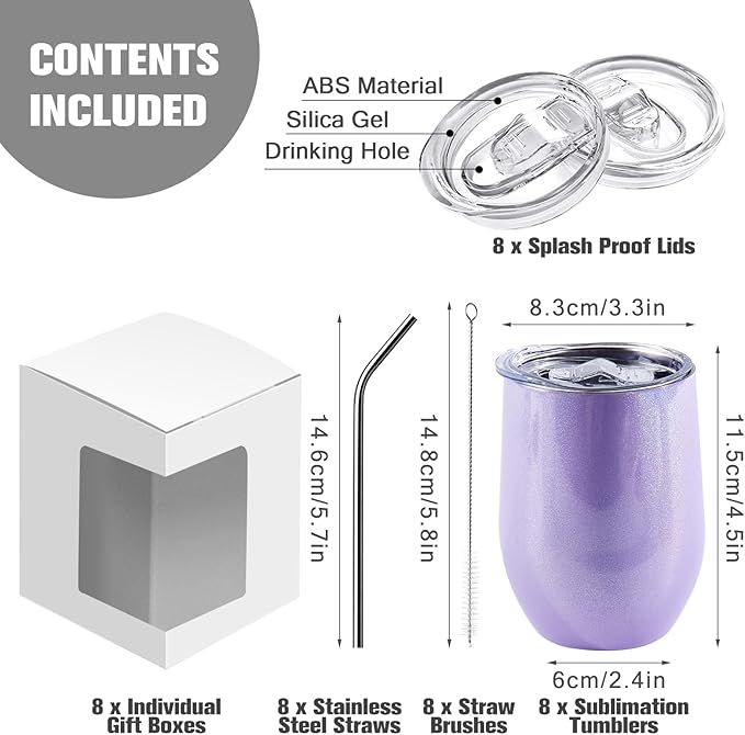 BetterSub 8 Pack 12oz Sublimation Glitter Purple Wine Tumblers, Double Wall Insulated Stainless Steel Sublimation Blanks, Includes Lid, Straw, Brush, Display Box - Bloomnest
