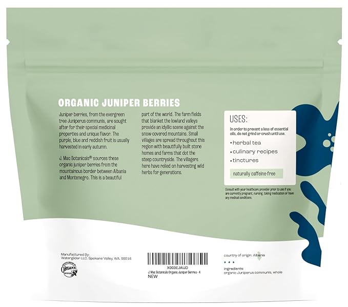 J MAC BOTANICALS, Organic Whole Juniper Berries, Certified Organic, juniper for herbal infusions, cooking and seasoning beef, pork, turkey brine, soups, syrups, cocktail bombs (4 oz) - Bloomnest