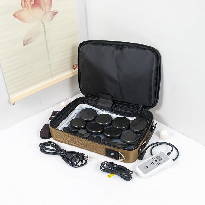 Portable 20 PCS Massage Stones Warmer Set, Temp Control Hot Stone Heater, Heating Massager Travel Bag w/Car Adapter for Professional/Home Spa (Brown) - Bloomnest