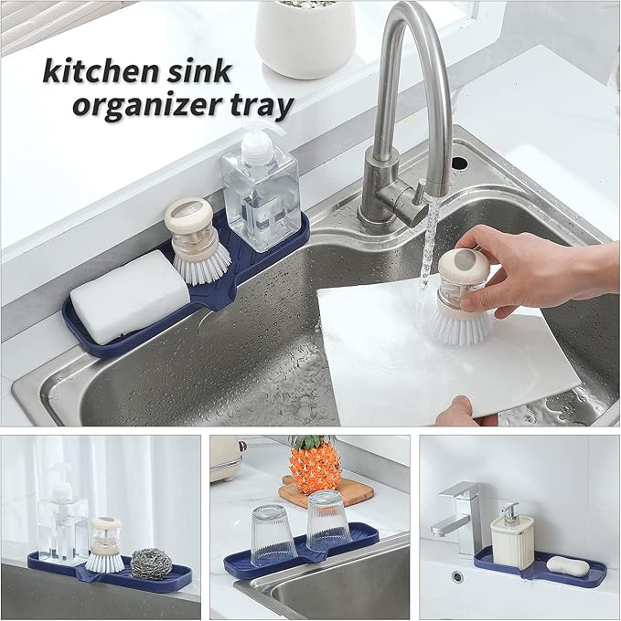 Silicone Bathroom Soap Dishes with Drain Spout-Kitchen Sink Organizer,Sponge Holder,Dish Soap Tray,Perfect for Dispenser,Scrubber,Bottle,Cup on Sink or Counter-Navy Blue 12"×4" - Bloomnest