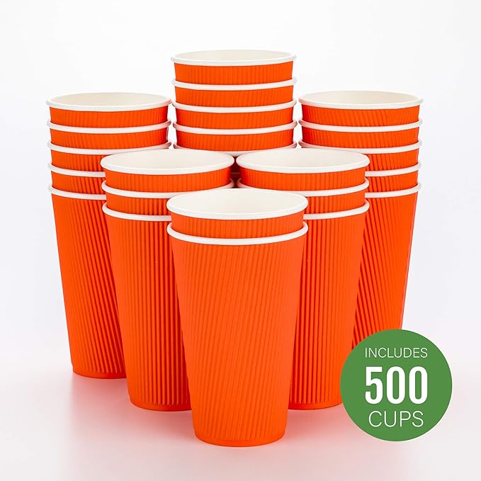 Restaurantware 16 Ounce Ripple Wall Disposable Coffee Cups, 500 Insulated Orange Paper Tumblers, Rolled Rim Design, Lids Sold Separately for Hot Drinks like Tea, Hot Chocolate and More - Bloomnest