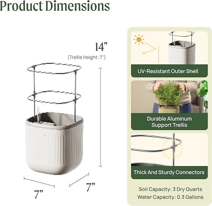 Vego garden Mini Planter Indoor Pots with Trellis Self-Watering Herb Countertop Planter for Climbing Vegetables Flowers Mint Plants Cage 2 Pack- Cream White - Bloomnest